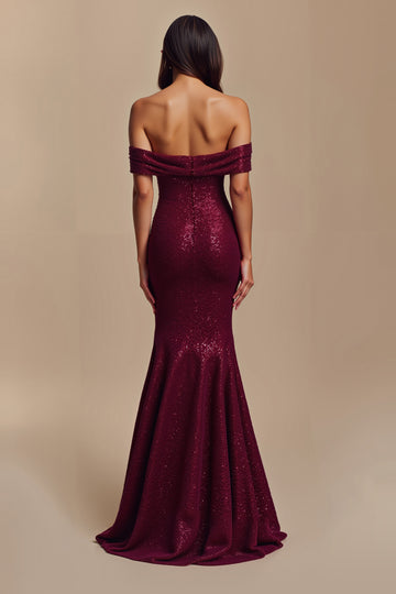 Sparkly Mermaid Burgundy Off The Shoulder Formal Dress with 3D Flowers